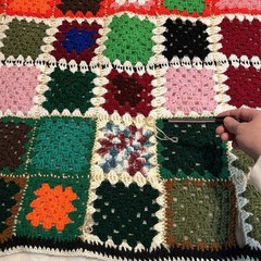 VTG Crochet Granny Square Black Multicolor Afghan Throw Blanket 49×43 Retro READ