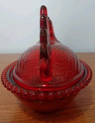 Red Glass «Hen on Nest» Covered Dish 5 1/2 In Tall 7 In Long NEW