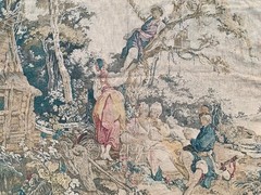 Large French Tapestry Wall Hanging 6×6 Ft Vintage Village People Scene, Europe
