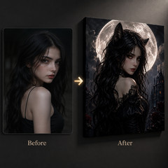 Gothic Cat Girl Canvas Wall Art Dark Fantasy Moon Portrait Vampire Castle Decor