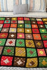 Vtg. Crochet Granny Square Flower Afghan Blanket Cottage Core Colorful