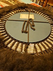 VTG 70s OOAK Custom Made Macrame Etched Glass Mirror With Fuzzy Trim US Made 15″