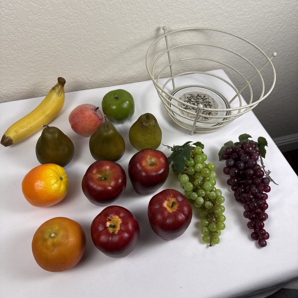 Realistic Artificial Plastic Mixed Fruit Bowl Display – 14 Fruits W/Wire Basket