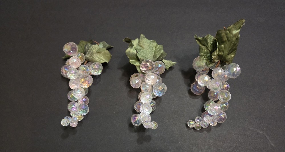Iridescent Clear Plastic Grape Cluster Picks Set Of 3 Beaded Ornament Decor