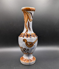 Vtg Tonala Pottery Vase Blue Brown Hand Painted Ceramic Bird Mexico Signed 11″