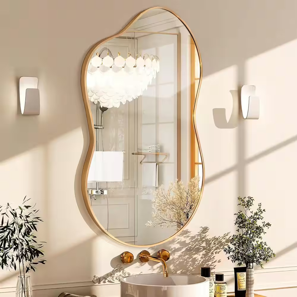 20 In. W X 36 In. H Asymmetrical Gold Aluminum Alloy Framed Wall Mirror Irregula