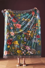 NEW Anthropologie Nathalie Lete Turquoise Velvet Floral Throw Blanket 50″x60”
