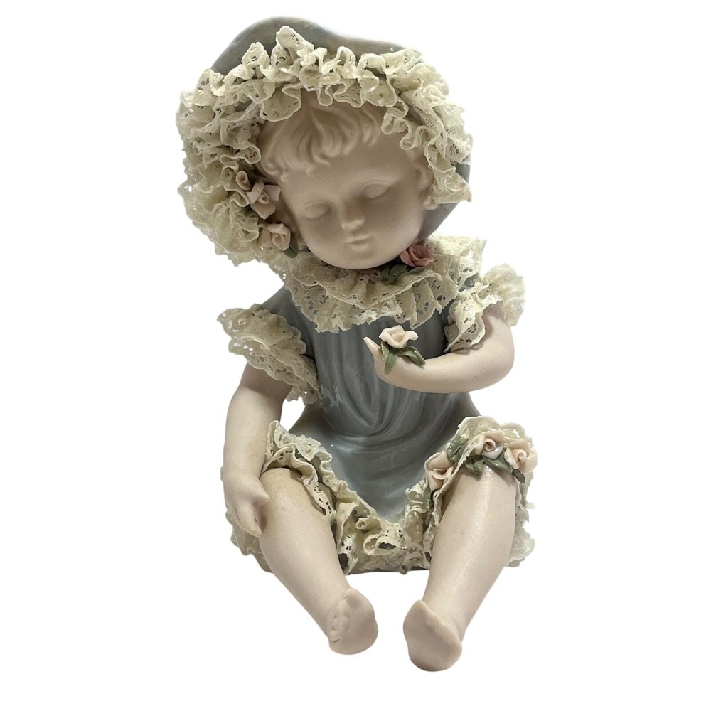 Piano Baby Porcelain Figurine Lace Embellishments Hat Clothes Flowers Blue 7″