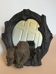Vintage Resin Owl Family Tabletop Faux Wood Mirror 8 Inches
