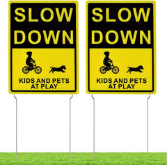 2 Pack Kids & Pets at Play Yard Signs 16×12 Metal Stakes Safety Double Sided