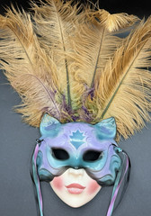 Vintage 1990’s Clay Art Purple Blue Ostrich Feathered Cat Wall Mask