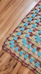 46″ X 43″ Crochet Blue Tan Purple Throw Blanket VTG Handmade Couch Afghan Retro