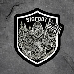 Bigfoot Patriot sticker vinyl decal American flag rifle woods USA freedom badge