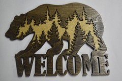 ​Rustic Bear with Wilderness Welcome Sign Laser Cut Dark Walnut and Golden Oak
