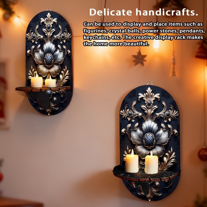 2D Multifunctional Wall-Mounted Shelf Key Candle Holder Wood Shelf Floral Decor