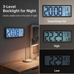 14.2″ Large Digital Wall Clock, Alarm Clock, Desk Clock with Temp,Date,Week,DST