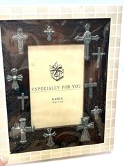 Wood & Silver Multi Silver Crosses Picture Frame Distressed Wood Photo Cross New