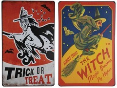 Set/2 15″ Metal Tin Witch Magic Broom Trick or Treat Signs Retro Halloween Decor