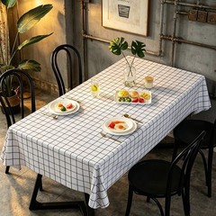 Black Grid on White Waterproof Tablecloth PVC Material Easy Wipe Clean