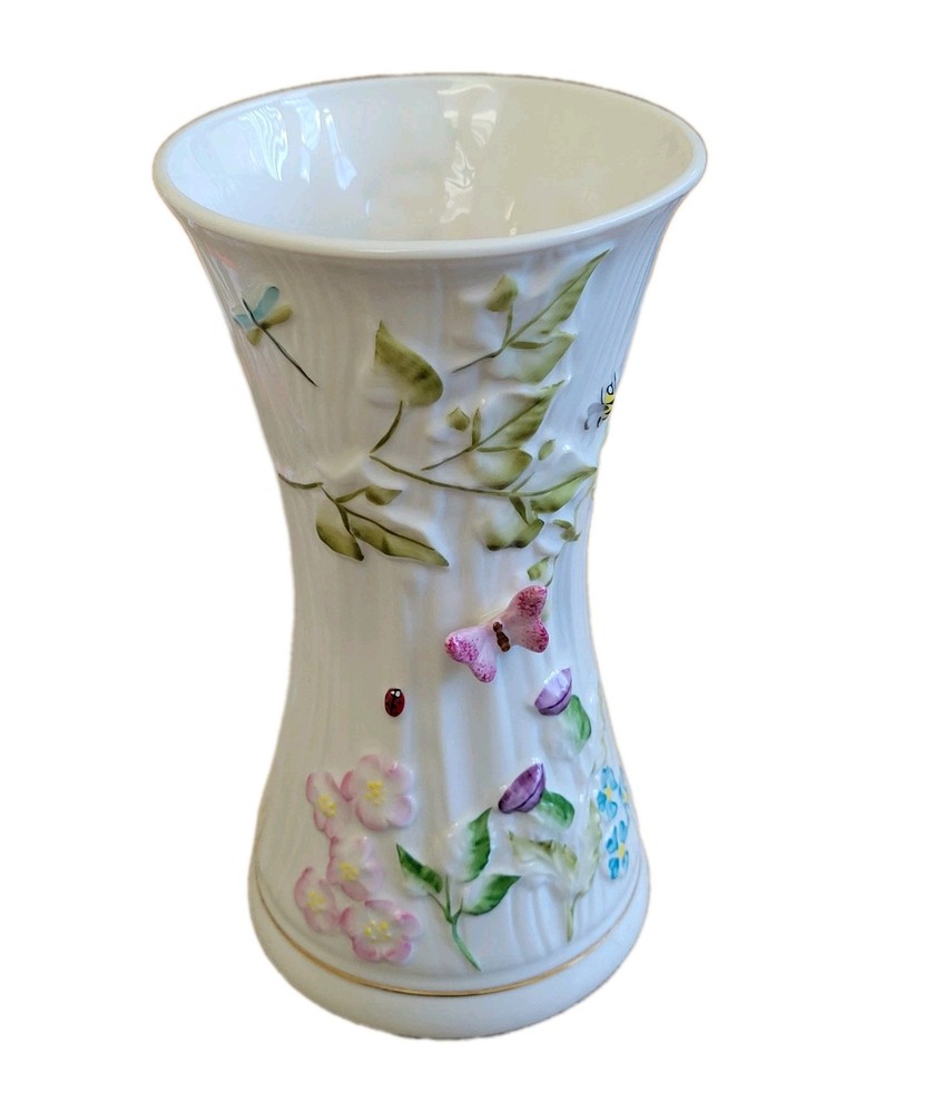 BELLEEK Ireland Sping time vase 8in Tall Dragonfly Ladybug Bee Butterfly Flowers