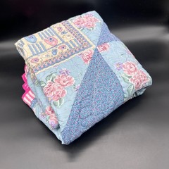 Vintage Patchwork Quilted Lap Throw Blanket Blue Cats Pink Rose Floral Cottage