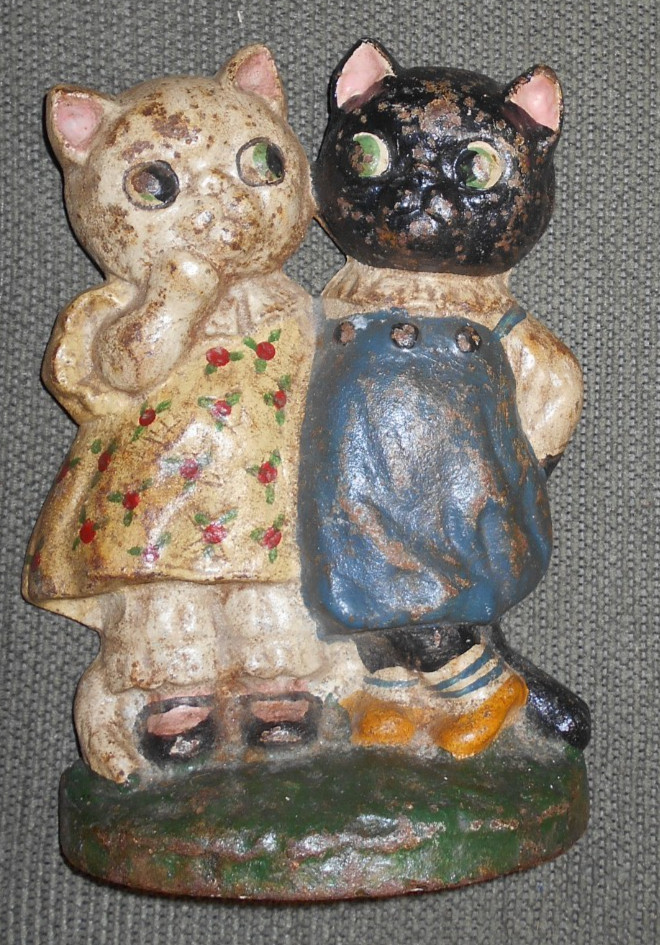 Antique Iron Cat Couple / Twins Painted Doorstop Multicolor 7.5»