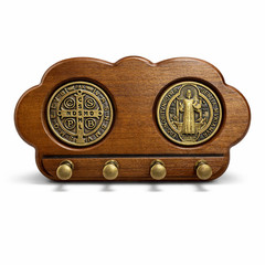 St. Benedict Wooden Key Holder with Antique Brass Medals & Hooks – Catholic Home