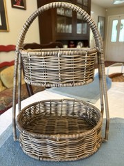 Two Tiered Wicker Basket Tray Boho Farmhouse Storage Sturdy Beige 14.5” Tall