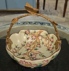 Porcelain Bowl with Bronze Ormolu Butterfly Handle-Floral Vine-6» x 5.5»H