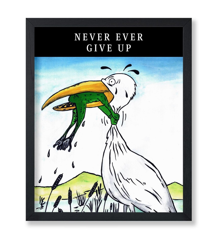 Never Ever Give Up Poster Crane and Frog Motivational Wall Art Office Decor Gift