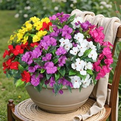 6 Bundles Artificial Impatiens Flowers for Outdoors Decoration, Silk Flowers