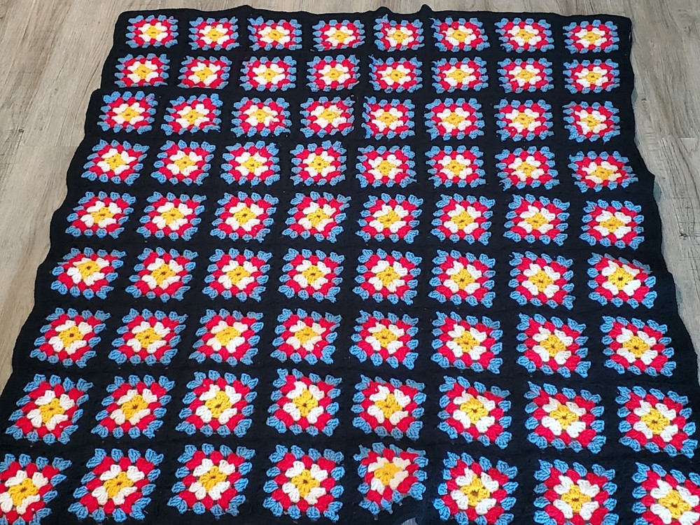 Handmade Granny Square Afghan Throw Blanket Black Trim 48″x56” Vintage