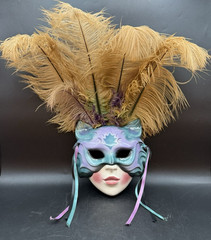 Vintage 1990’s Clay Art Purple Blue Ostrich Feathered Cat Wall Mask