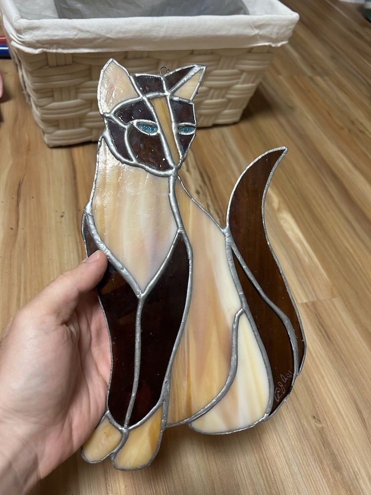 Vintage 1981 Signed Siamese Cat Stained Glass Suncatcher