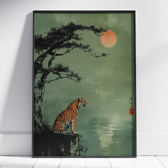 Vintage Japanese Tiger Poster – Ink Style Pine Tree Sunset Wall Art Decor
