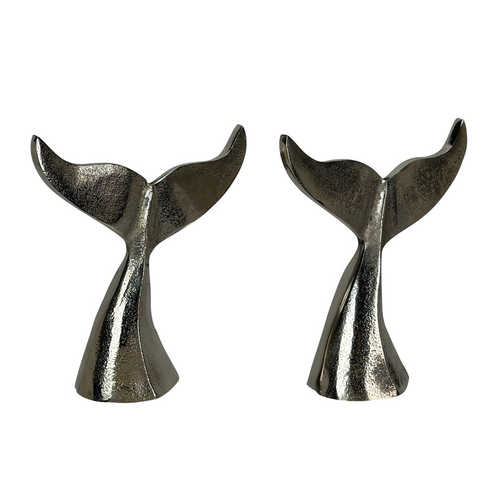 Decorative Whale Tail Bookends Set of 2 Silver Cast Aluminum 7 In