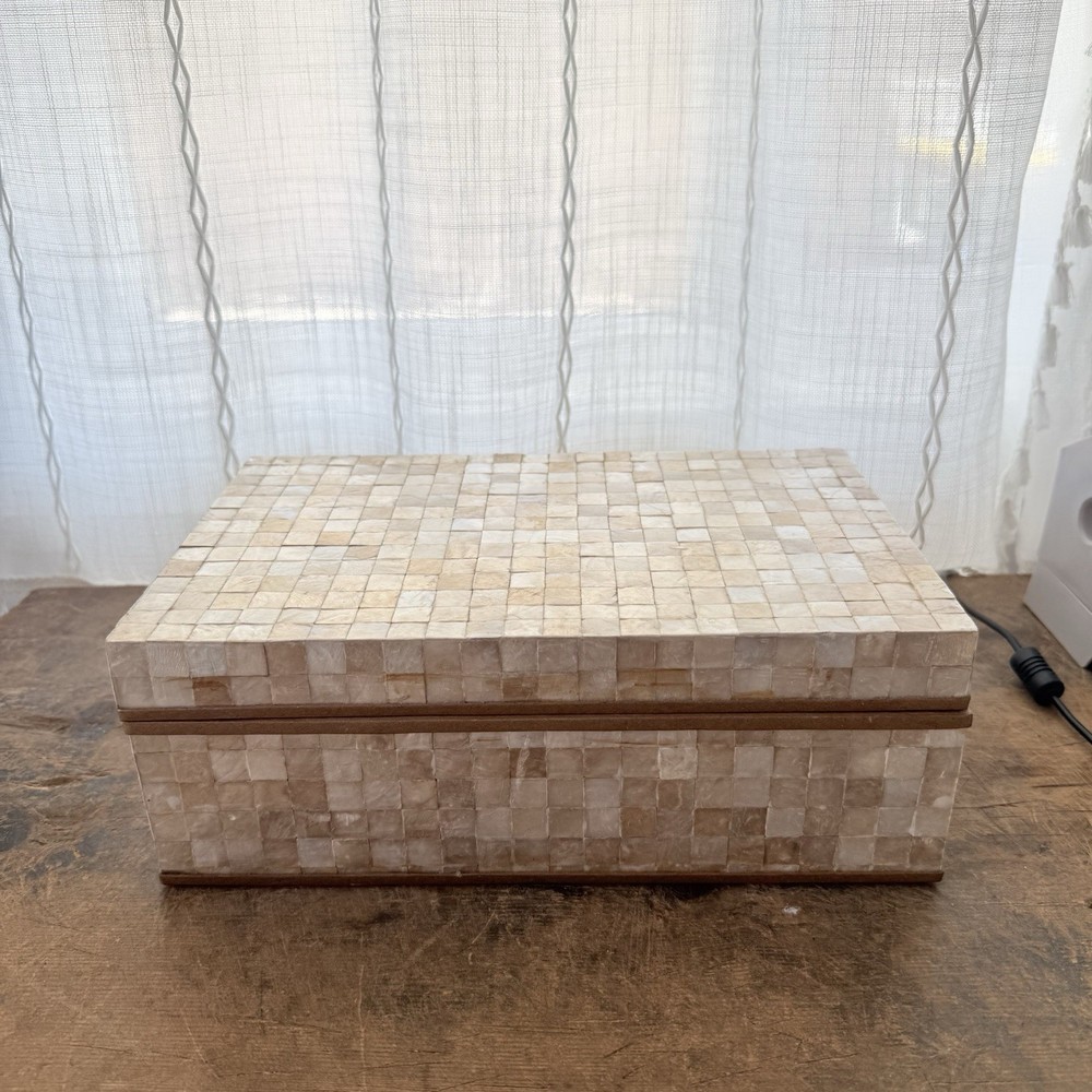 Vintage Palecek Tesselated Capiz Shell Mosaic Tile Large Keepsake Box Suede 11×7