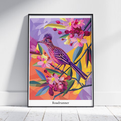 Abstract Roadrunner Poster, Colorful Floral Bird Art, Modern Geometric Decor