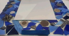 Handcrafted Blue Glass Mosaic Mirror Wood Frame Inlaid With Rare Coins & Emblems