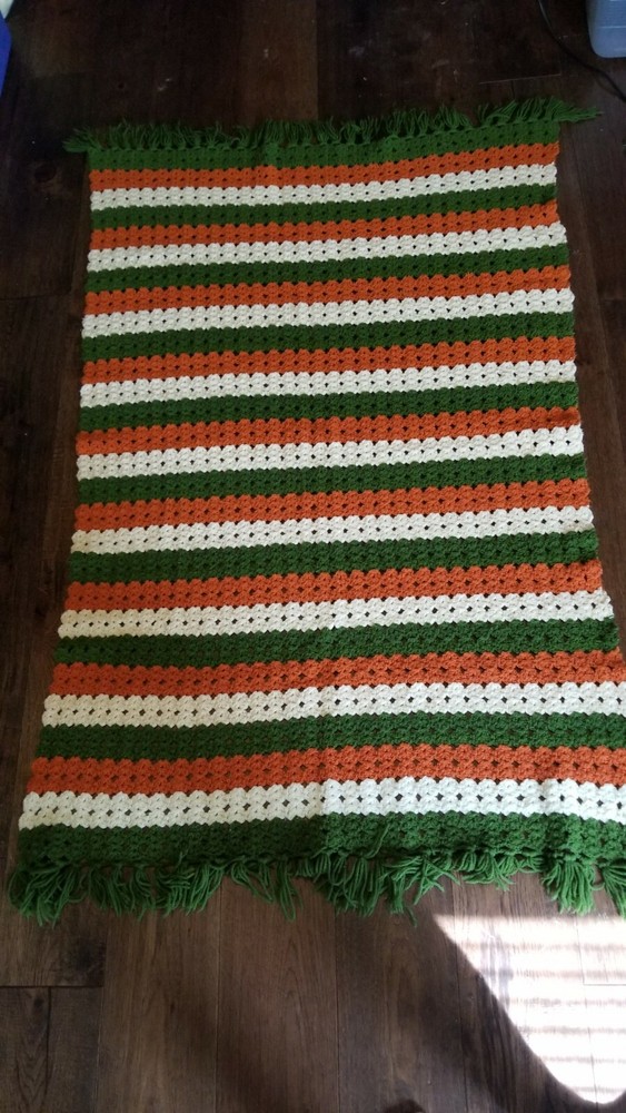 Afghan Blanket Handmade Pattern In Fall Colors Orange Green White 42″ x 68″