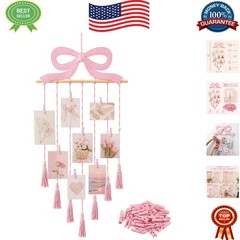 Charming Pink Bow Hanging Photo Display with 30 Clips – Perfect for Teens
