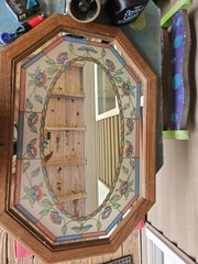Vintage Octagonal Faux Stained Glass Mirror Floral Design Pink Blue Green
