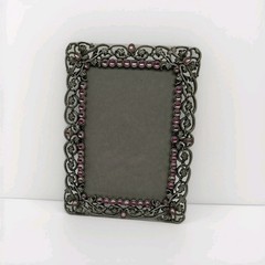 Ornate Pewter Metal Photo Frame Pink Accents Floral Vine Antique Style 6×8 In