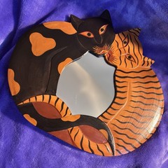 Cat Theme Wood Frame Accent Wall Mirror, Wall Mounted, Black & Orange