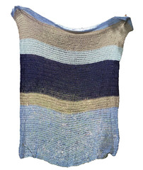 Throw Blanket Handmade Crochet 100% Wool Brown Blue Colorblock Striped Folk Art