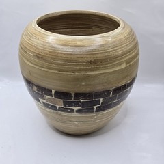 VTG Bamboo Segmented Vase Handcrafted Turned Wood Safari 7.2″H 7″W Vietnam Boho