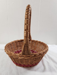 Vintage Rattan Basket Wicker Fixed Handle Pink Stripes Gathering Decor Easter