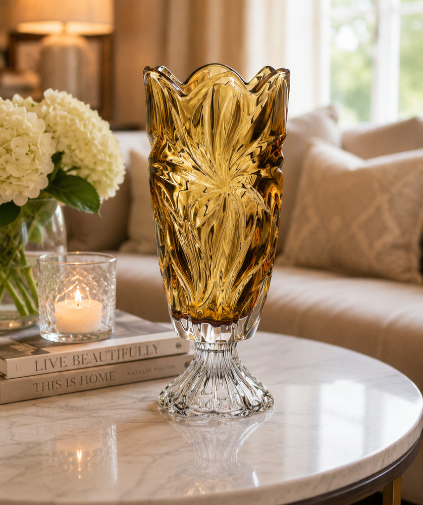 14.5” Amber Bohemian Crystal Footed Vase Flora Czech Glass Centerpiece