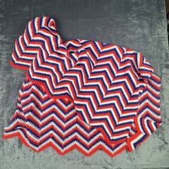 VTG Red White Blue Chevron Crochet Throw Blanket Afghan 52″x44″ Patriotic USA