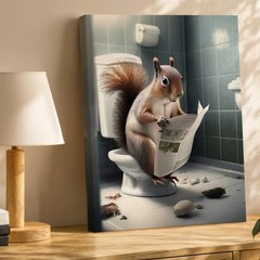 Whimsical Squirrel Reading Newspaper On Toilet Canvas Wall Art Animal Home Decor